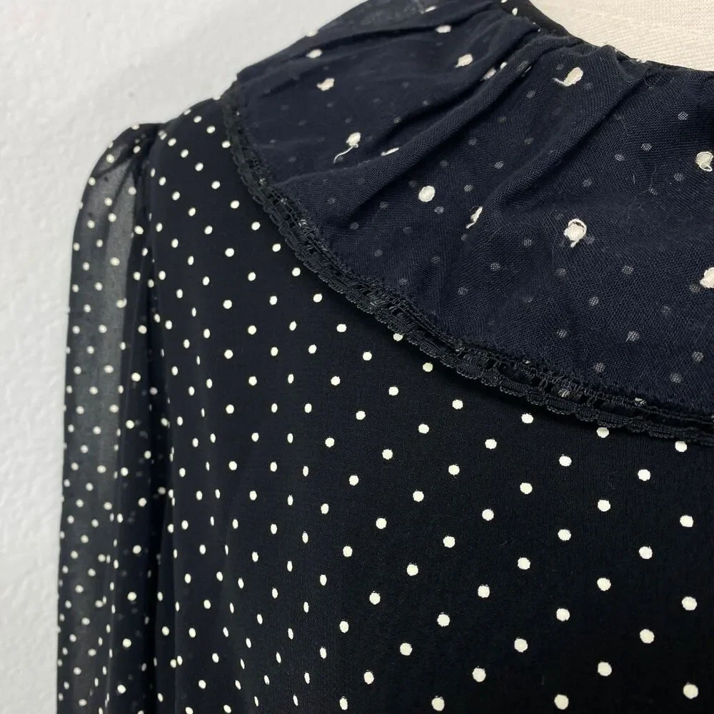 Vtg Black White Embroidered Dress XL Polka Dots Button Front Long Sleeves Boho
